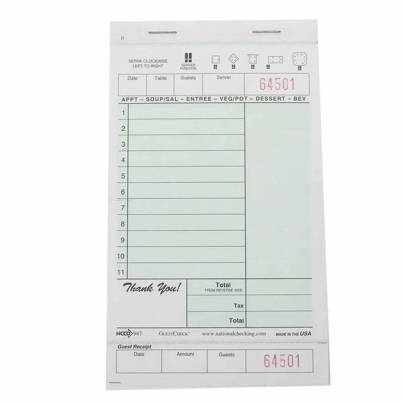 Guest Check 4.25X7.25 IN Paper Green Medium-Wide 2-Part Carbonless Booked 2000/Case