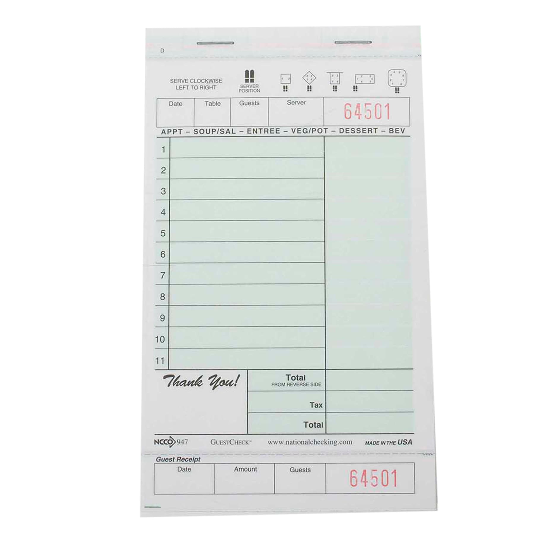 Guest Check 4.25X7.25 IN Paper Green Medium-Wide 2-Part Carbonless Booked 2000/Case