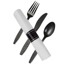 WNA Reflections® 4PC Cutlery Kit PS Black With 17 x 17 Napkin,Fork,Knife,Spoon 100/Case