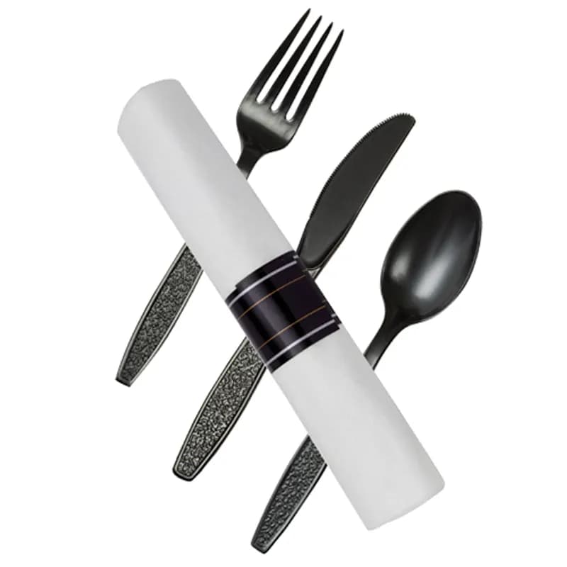 WNA Reflections® 4PC Cutlery Kit PS Black With 17 x 17 Napkin,Fork,Knife,Spoon 100/Case