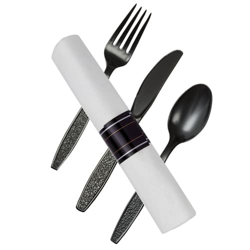 WNA Reflections® 4PC Cutlery Kit PS Black With 17 x 17 Napkin,Fork,Knife,Spoon 100/Case