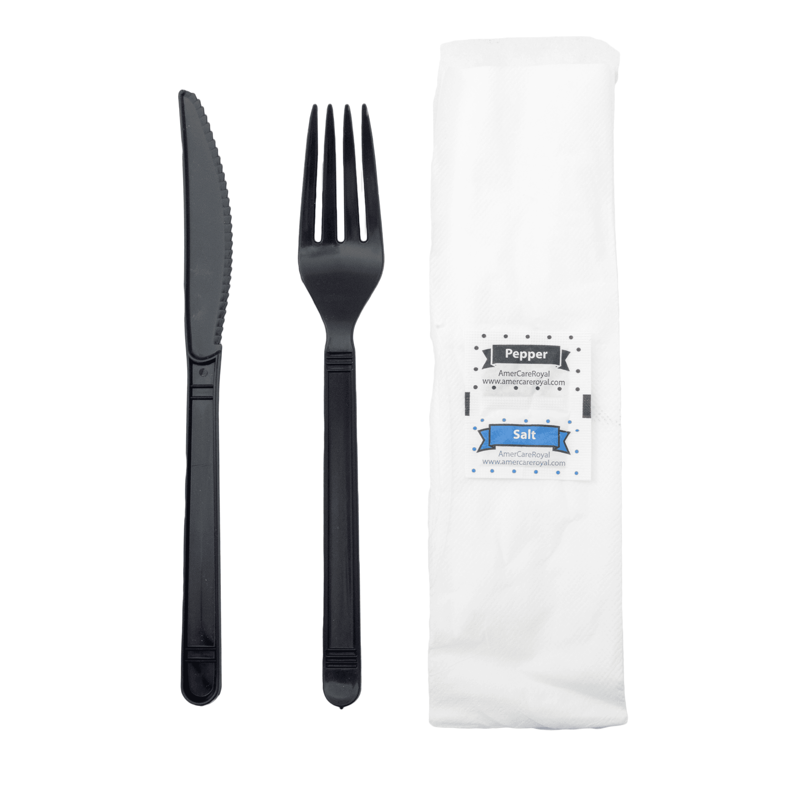 5PC Cutlery Kit PP Black Heavyweight With 2PLY 13X17 Napkin,Fork,Knife,Salt & Pepper 500 Count/Case