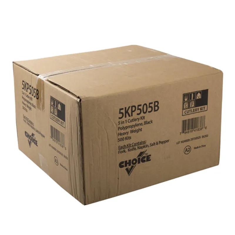 5PC Cutlery Kit PP Black Heavyweight With 2PLY 13X17 Napkin,Fork,Knife,Salt & Pepper 500 Count/Case