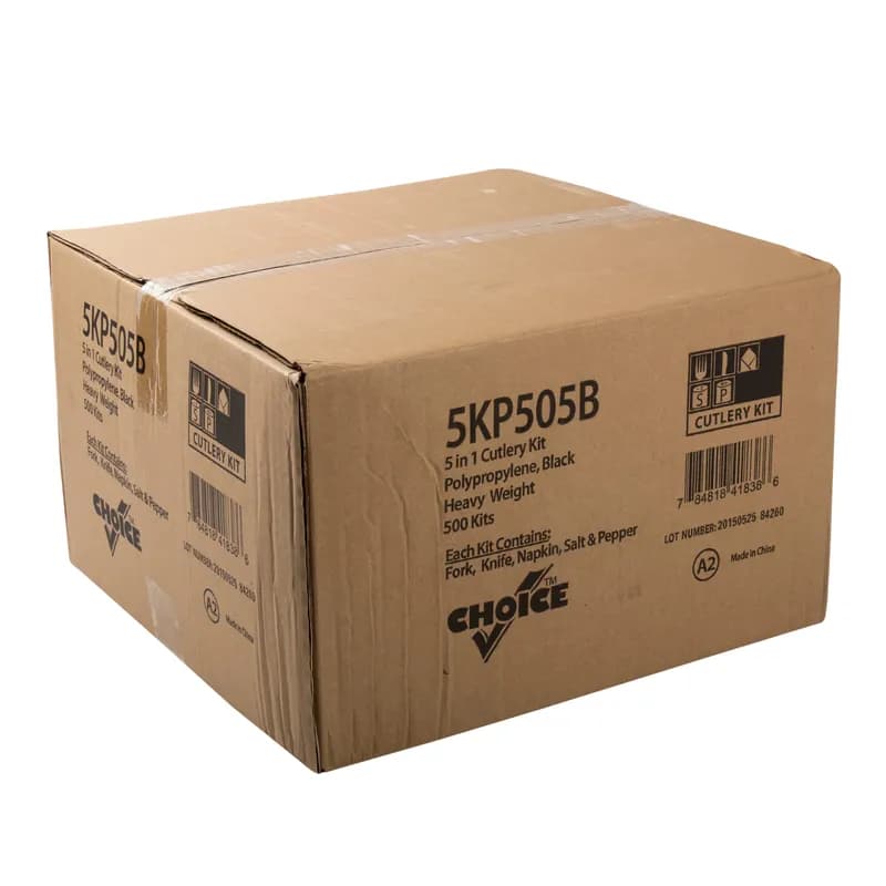 5PC Cutlery Kit PP Black Heavyweight With 2PLY 13X17 Napkin,Fork,Knife,Salt & Pepper 500 Count/Case