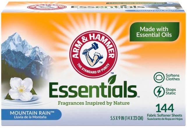 Arm & Hammer Essentials Mountain Rain Laundry Softener Sheet 144 Count/Pack 6 Packs/Case 864 Count/Case