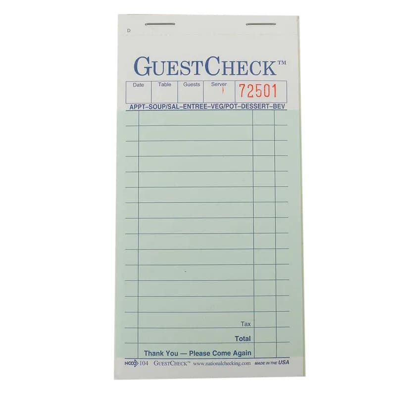 Guest Check Medium (MED) 3.5X6.75 IN Paper Green Duplicate Carbon 16 Line 2500/Case