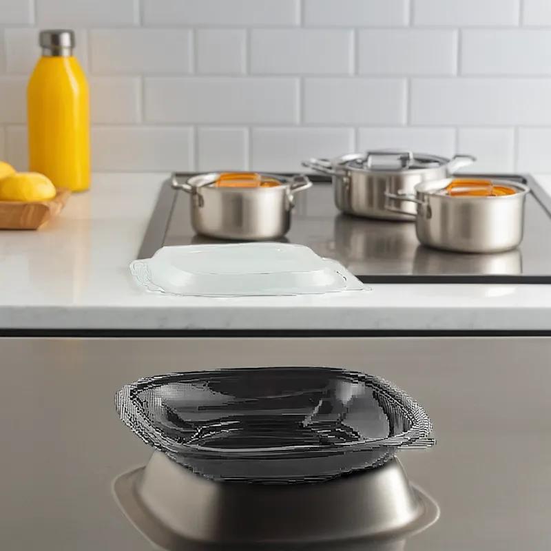 Take-Out Container Base & Lid Combo With Dome Lid 6.85X6.85X2.16 IN RPET Black Clear Square 125/Case