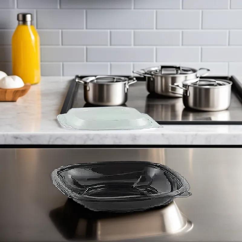 Take-Out Container Base & Lid Combo With Dome Lid 6.85X6.85X2.16 IN RPET Black Clear Square 125/Case