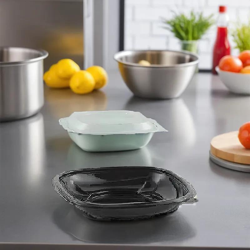 Take-Out Container Base & Lid Combo With Dome Lid 6.85X6.85X2.16 IN RPET Black Clear Square 125/Case