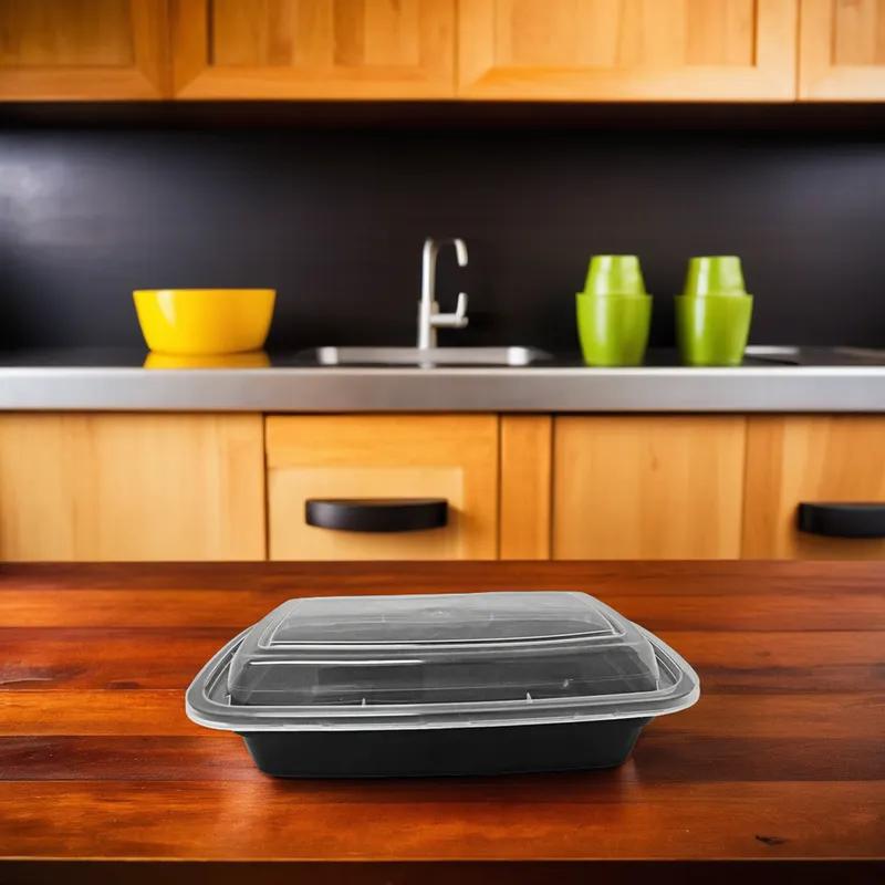 Take-Out Container Base & Lid Combo 24 OZ PP Clear Black Rectangle Microwave Safe 150/Case