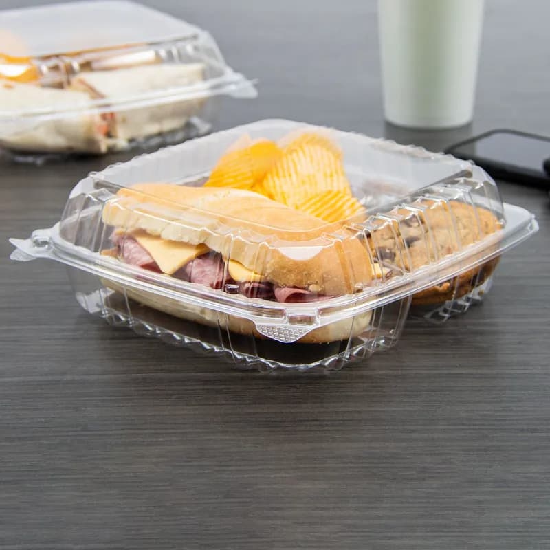 Dart® ClearSeal® Take-Out Container Hinged Large (LG) 8.83X9.34X3 IN 3 Compartment OPS Clear 100 Count/Pack 2 Packs/Case