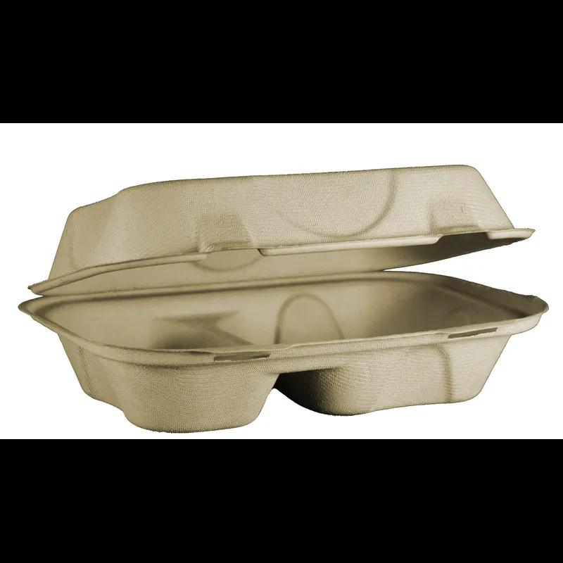 Take-Out Container Hinged 9X6X3 IN 2 Compartment Plant Fiber Bamboo Natural Rectangle Freezer Safe Soak-Proof 500/Case