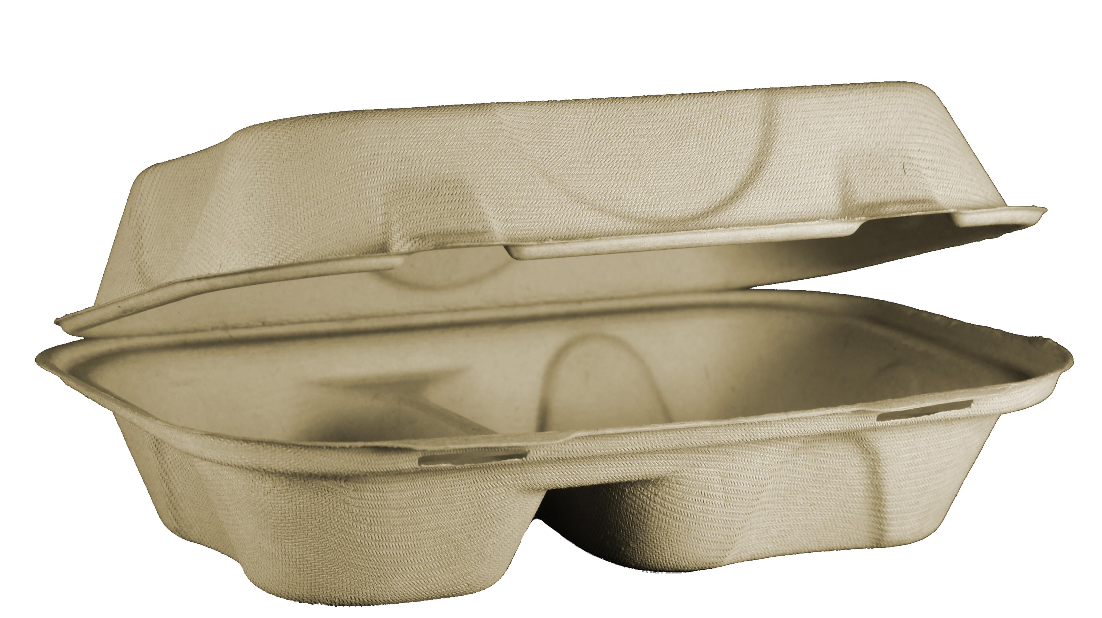 Take-Out Container Hinged 9X6X3 IN 2 Compartment Plant Fiber Bamboo Natural Rectangle Freezer Safe Soak-Proof 500/Case
