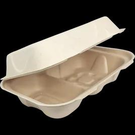 Take-Out Container Hinged 9X6X3 IN 2 Compartment Plant Fiber Bamboo Natural Rectangle Freezer Safe Soak-Proof 500/Case