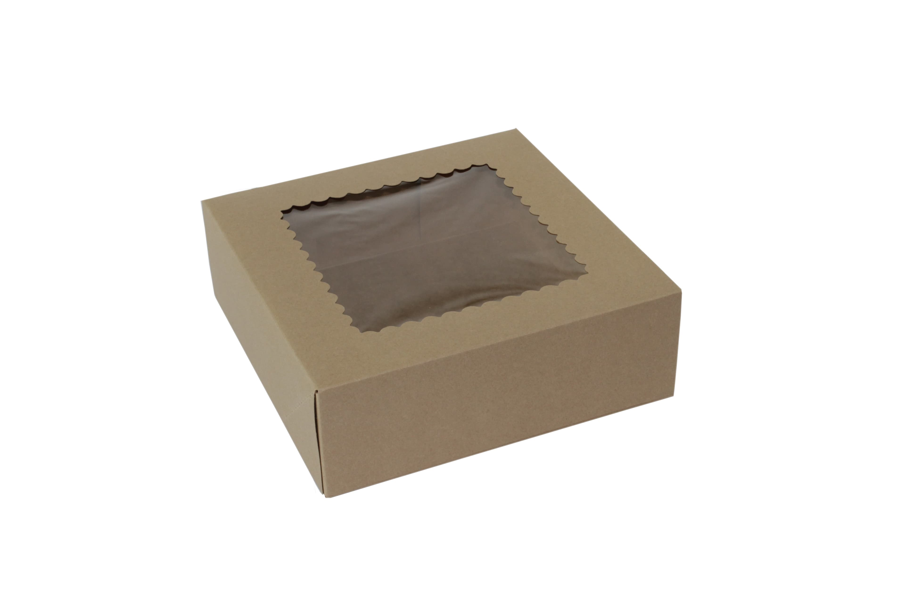Bakery Box 9X9X3 IN Paperboard Kraft 4 Corner 1-Piece Automatic With Window 200/Case