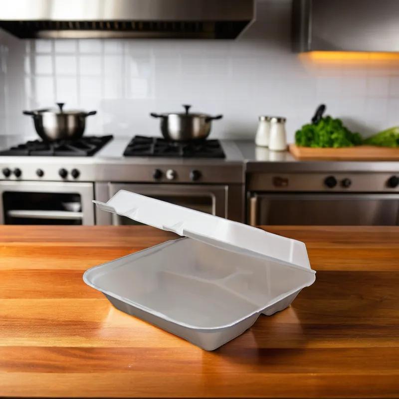 Regal Take-Out Container Hinged 9.5X9.25X3.75 IN 3 Compartment Polystyrene Foam White Vented Grease Resistant 200/Case