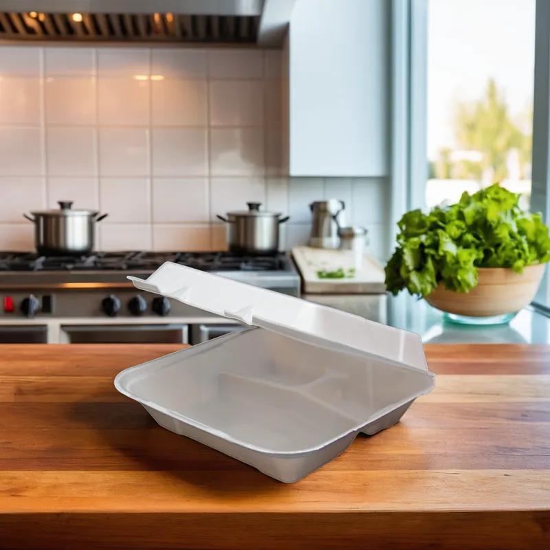 Regal Take-Out Container Hinged 9.5X9.25X3.75 IN 3 Compartment Polystyrene Foam White Vented Grease Resistant 200/Case