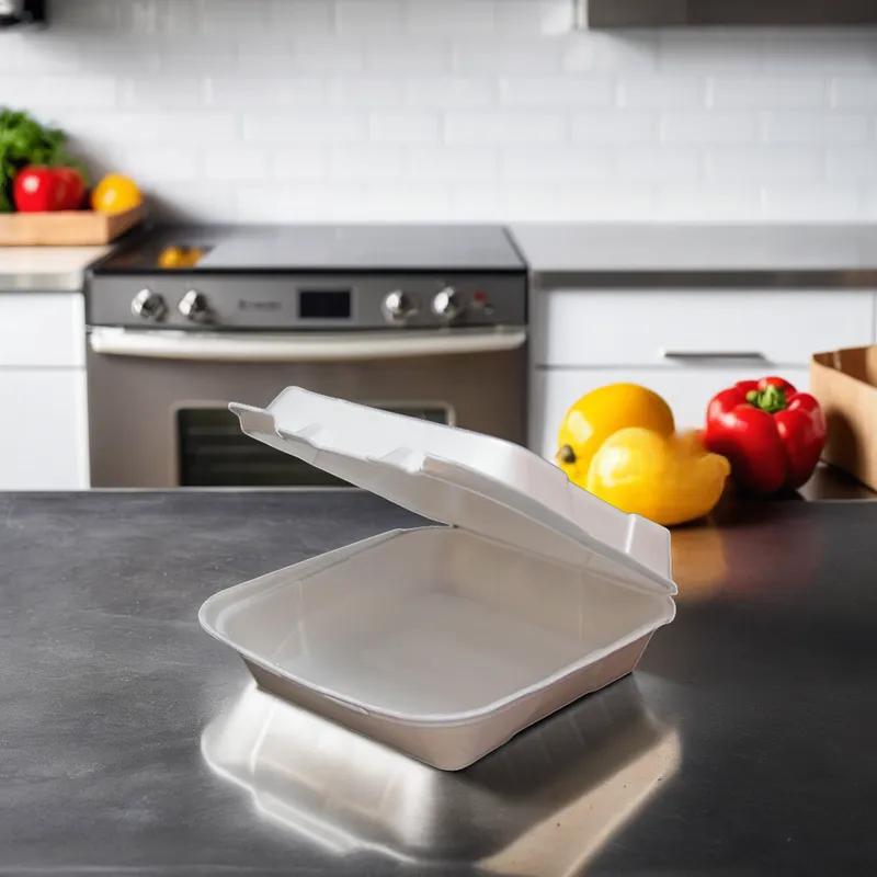 Regal Take-Out Container Hinged 8X8X3 IN Polystyrene Foam White Vented Grease Resistant 200/Case