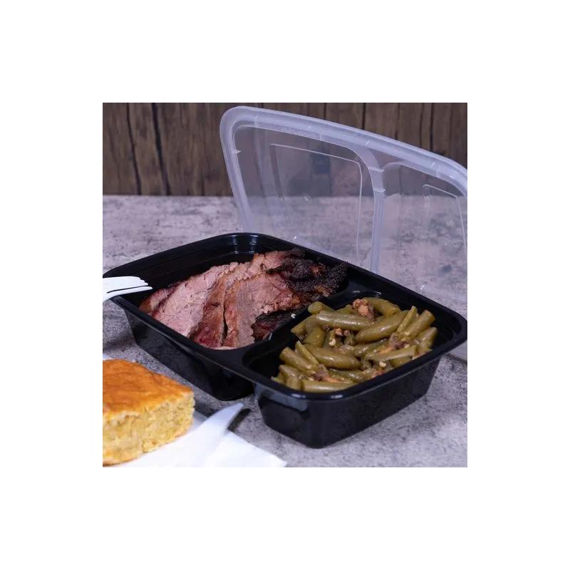 Take-Out Container Base & Lid Combo 30 OZ 2 Compartment Plastic Black Clear 150/Case
