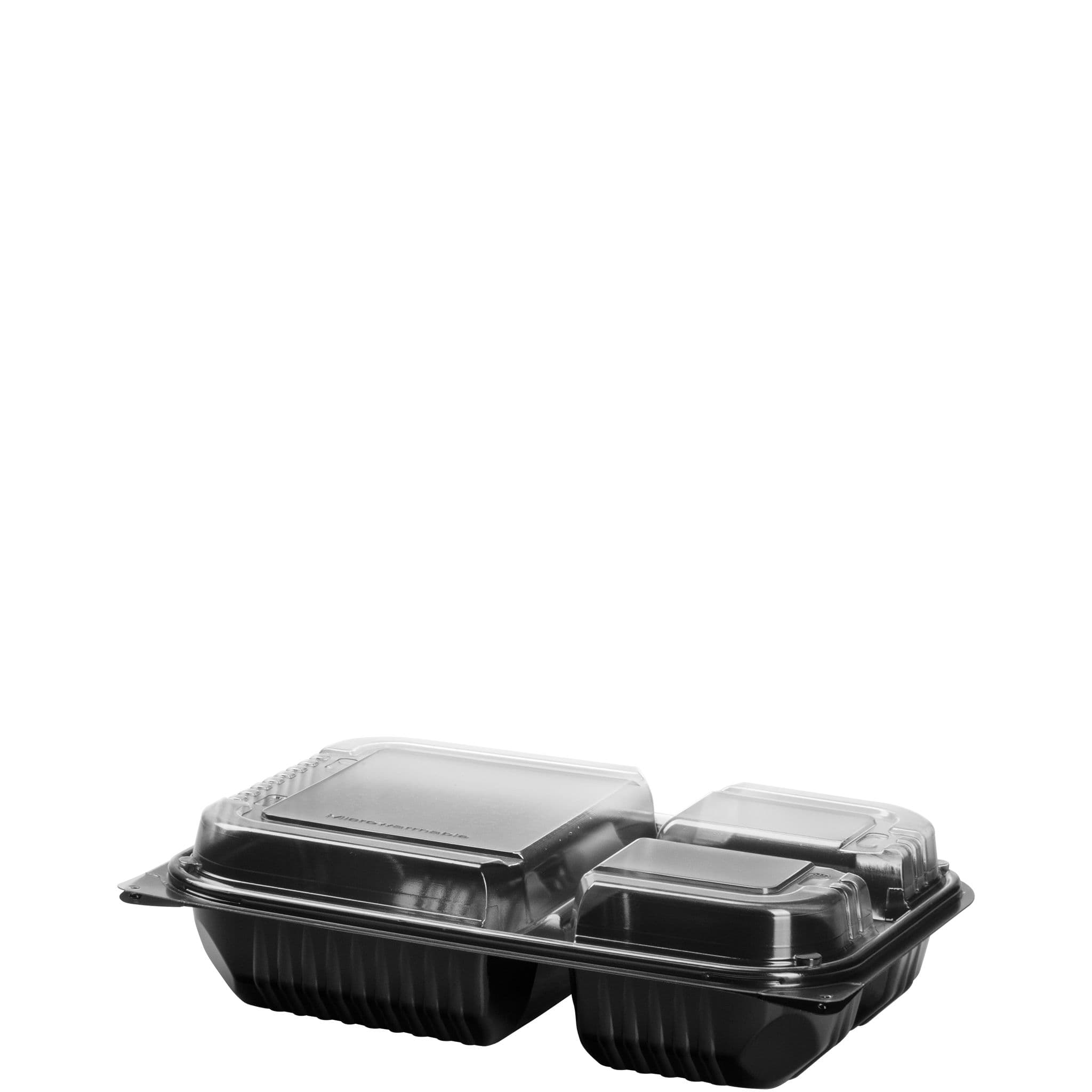Solo® Creative Carryouts® BoxLine™ Take-Out Container Hinged 11.5X8.05X2.95 IN 3 Compartment PS Black Clear 100/Case