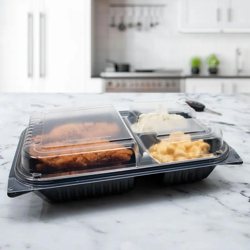 Solo® Creative Carryouts® BoxLine™ Take-Out Container Hinged 11.5X8.05X2.95 IN 3 Compartment PS Black Clear 100/Case