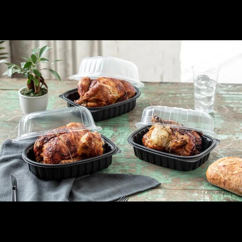 Roasted Chicken Roaster Container & Lid Combo Medium (MED) 50 OZ 10X7X4.5 IN MFPP OPS Black Clear Zip Seal 100/Case