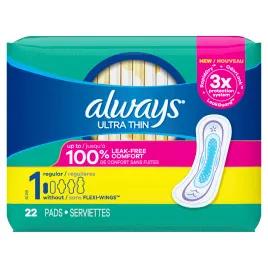 Always® Ultra Thin Size 1 Pad Unscented With Wings Regular 6/Case