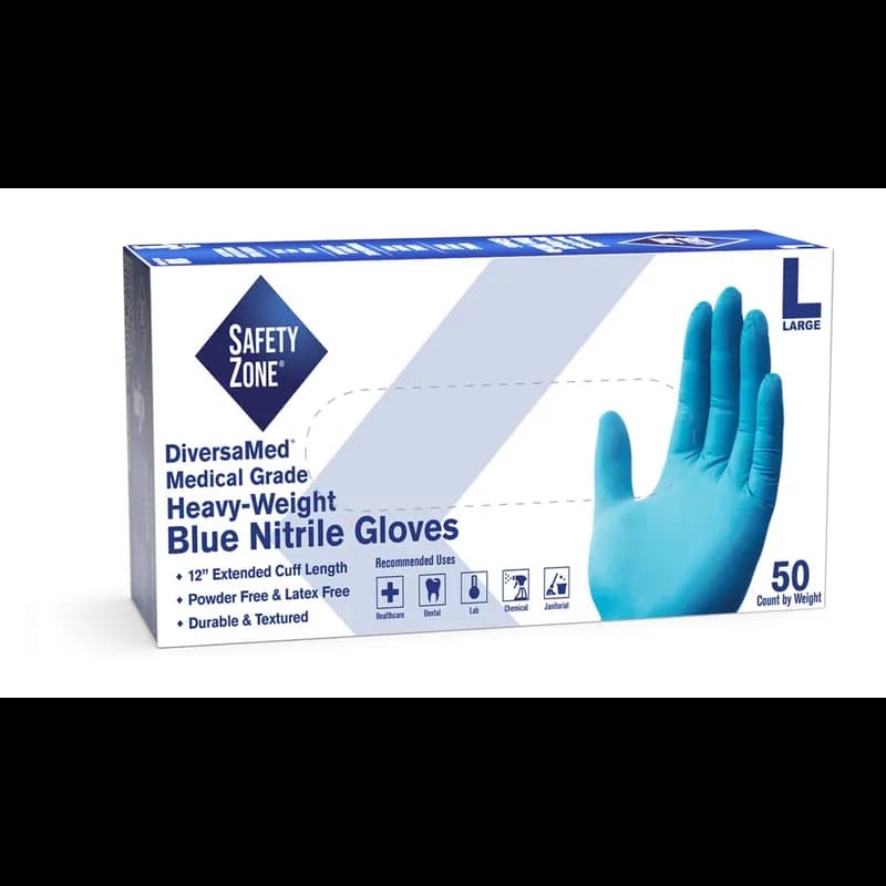 Safety Zone® Exam Gloves Large (LG) 12 IN Blue 8MIL Hvy Nitrile Powder-Free Fentanyl Resistant 50 Count/Box 10 Box/Case