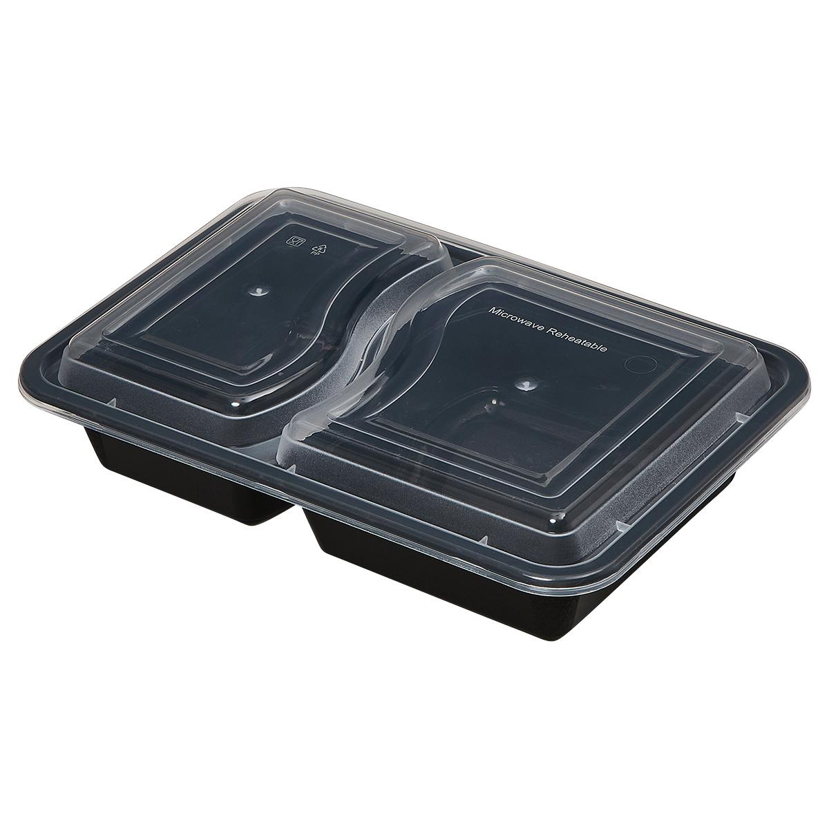 Victoria Bay Take-Out Container Base & Lid Combo 32 OZ 2 Compartment Black Clear Rectangle Microwave Safe 150/Case