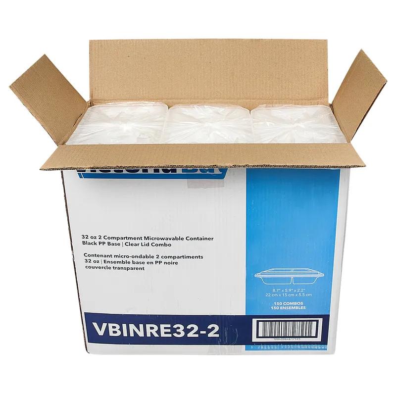 Victoria Bay Take-Out Container Base & Lid Combo 32 OZ 2 Compartment Black Clear Rectangle Microwave Safe 150/Case