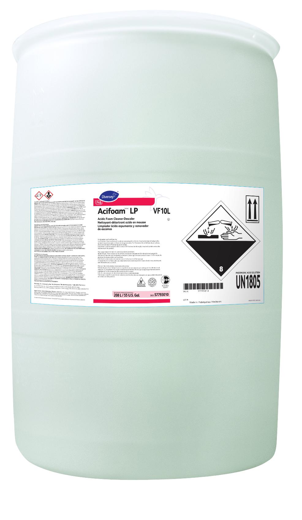 Diversey Acifoam LP Cleaner Descaler 208 L Acidic Foaming Liquid Kosher 1/Drum