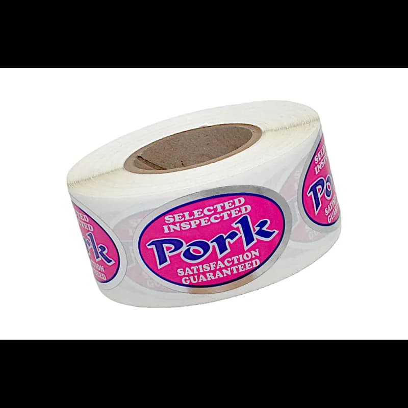 Selected Inspected Pork Meat Label 1.25X2 IN Silver Rhodamine Blue White Oval Foil 500 Count/Roll 20 Rolls/Case