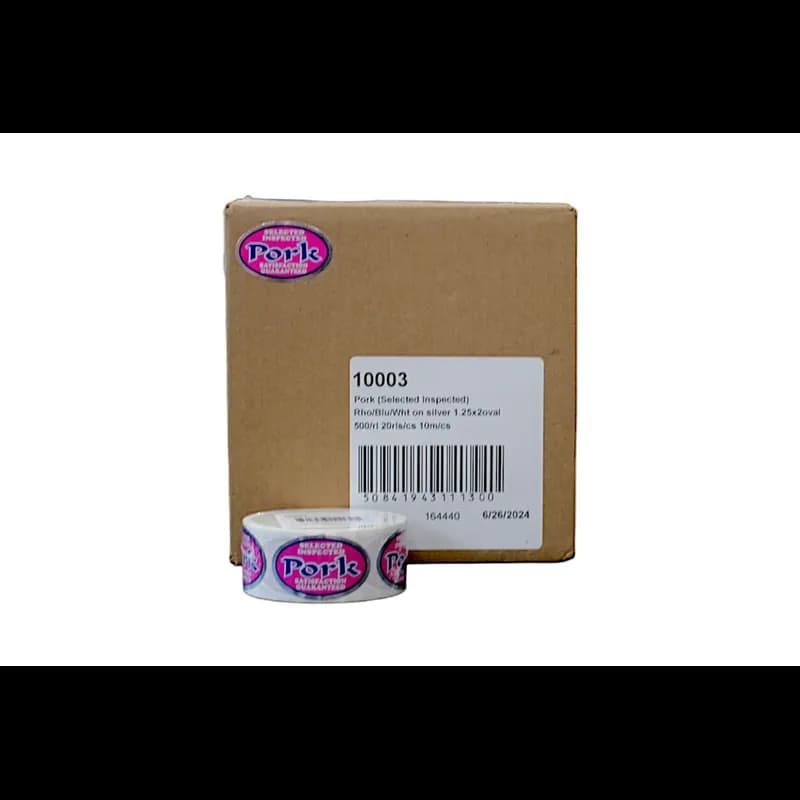 Selected Inspected Pork Meat Label 1.25X2 IN Silver Rhodamine Blue White Oval Foil 500 Count/Roll 20 Rolls/Case
