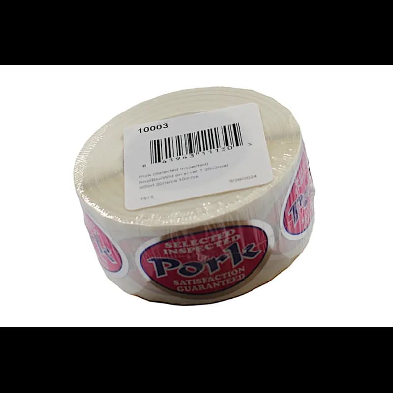 Selected Inspected Pork Meat Label 1.25X2 IN Silver Rhodamine Blue White Oval Foil 500 Count/Roll 20 Rolls/Case