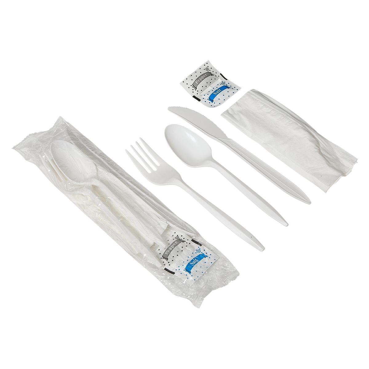 Victoria Bay 6PC Cutlery Kit PP White Medium Weight With Napkin,Fork,Knife,Salt & Pepper,Teaspoon 250/Case