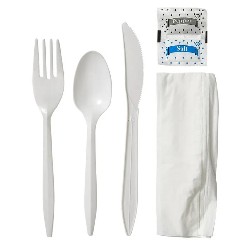 Victoria Bay 6PC Cutlery Kit PP White Medium Weight With Napkin,Fork,Knife,Salt & Pepper,Teaspoon 250/Case