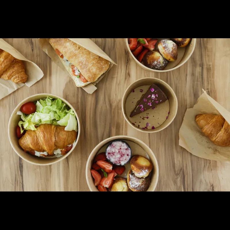 Salad Take-Out Container Base & Lid Combo With Dome Lid 44 OZ Paper Kraft Round 25 Count/Pack 8 Packs/Case 200 Count/Case