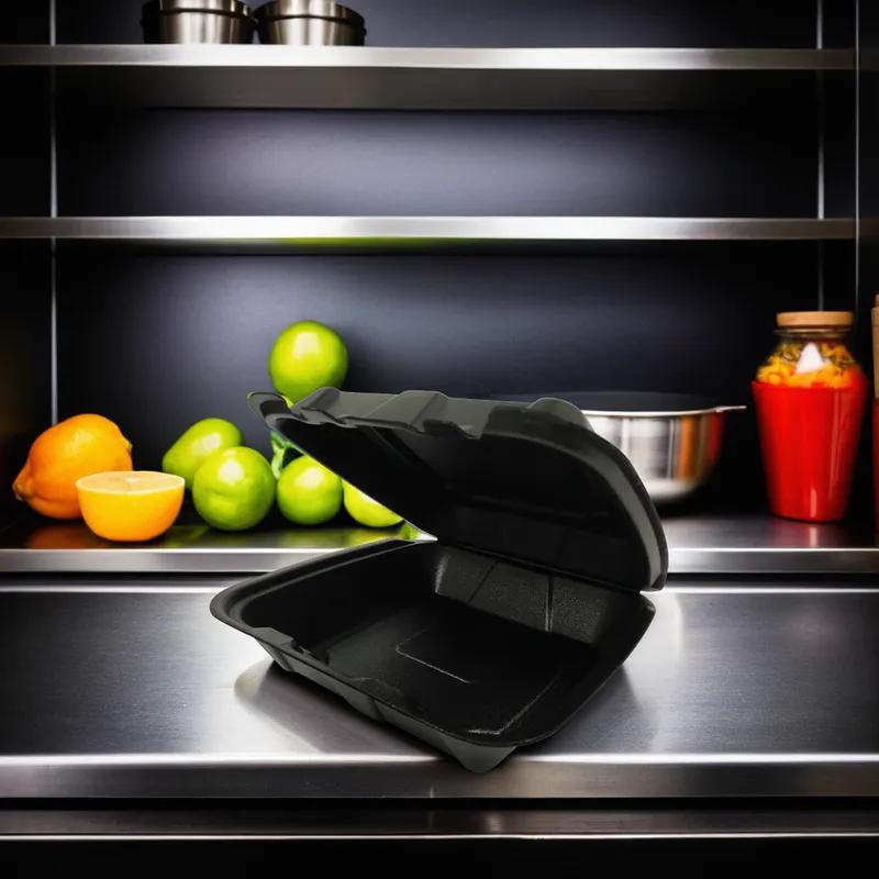 Regal Take-Out Container Hinged 9.25X9.25X3.75 IN Polystyrene Foam Black Square Vented Grease Resistant 200/Case