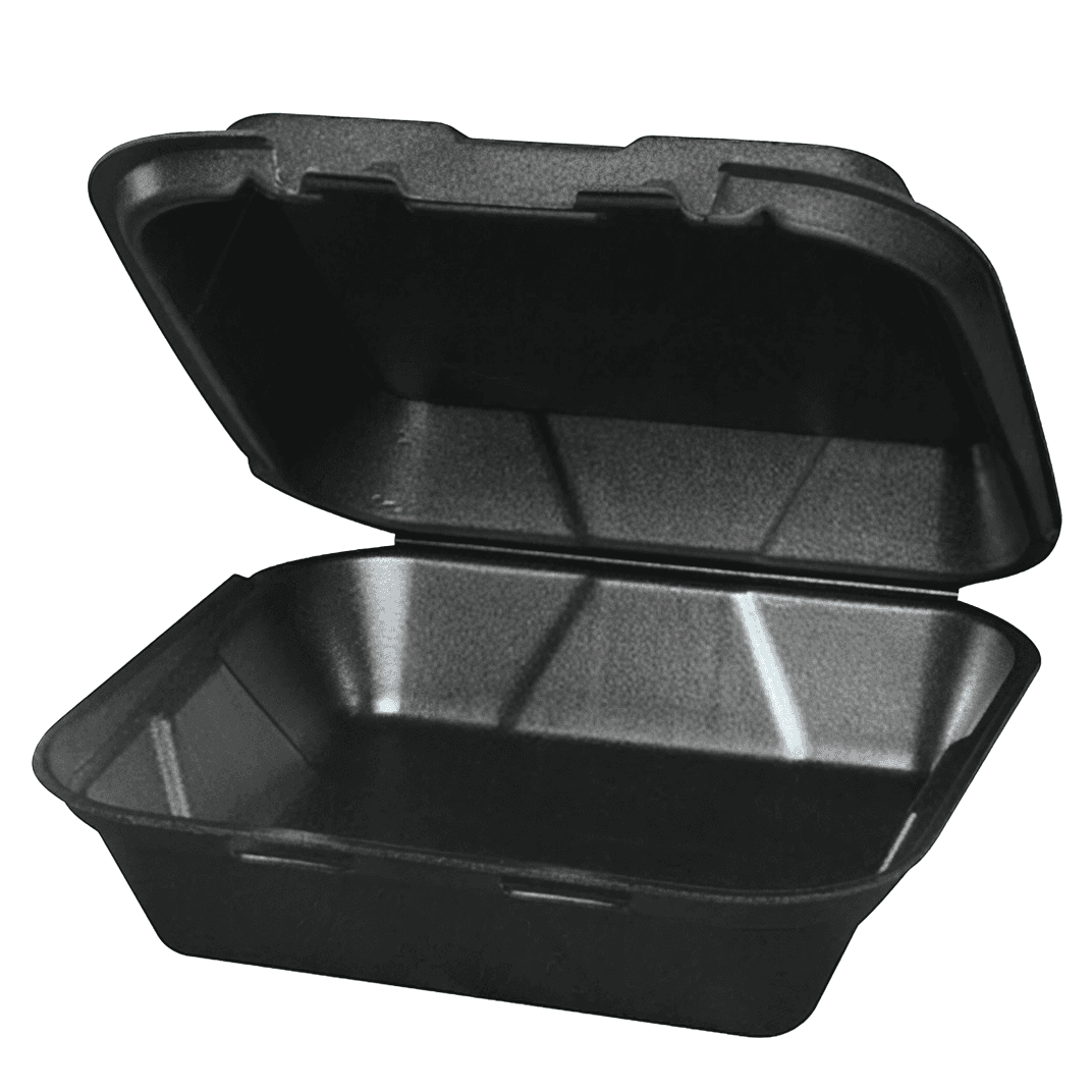 Take-Out Container Hinged 8X8X3 IN Polystyrene Foam Black Square Vented Grease Resistant 200/Case