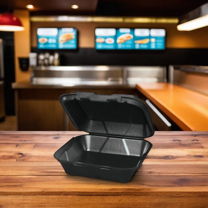Take-Out Container Hinged 8X8X3 IN Polystyrene Foam Black Square Vented Grease Resistant 200/Case