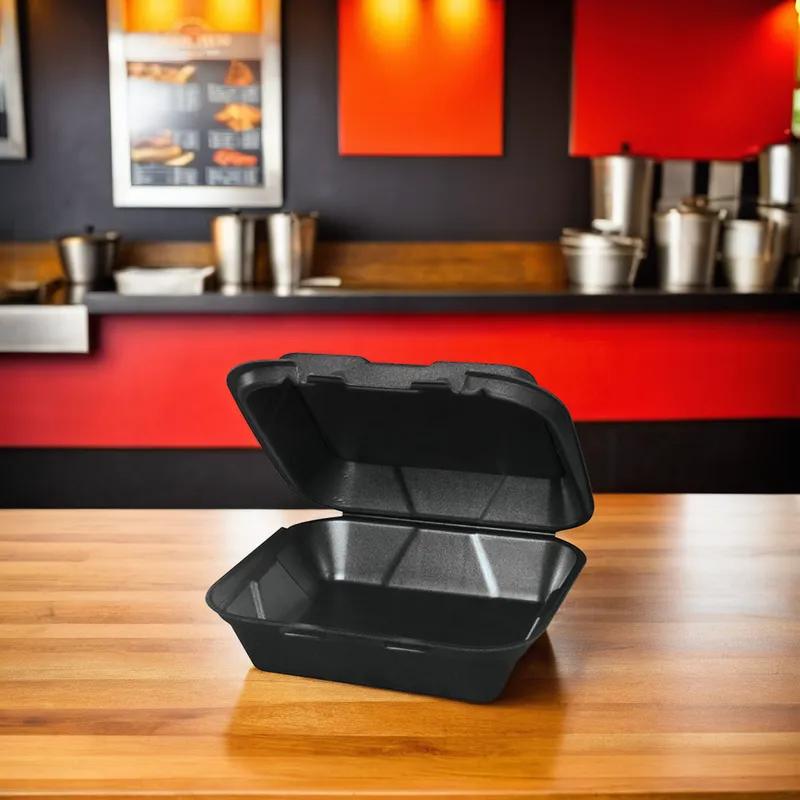 Take-Out Container Hinged 8X8X3 IN Polystyrene Foam Black Square Vented Grease Resistant 200/Case