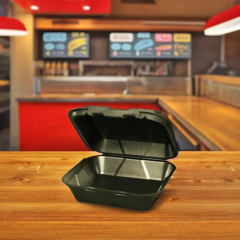 Take-Out Container Hinged 8X8X3 IN Polystyrene Foam Black Square Vented Grease Resistant 200/Case
