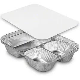 Take-Out Container Base & Lid Combo With Flat Lid Large (LG) 32.5 OZ 3 Compartment Aluminum Paper Silver White Oblong 250/Case