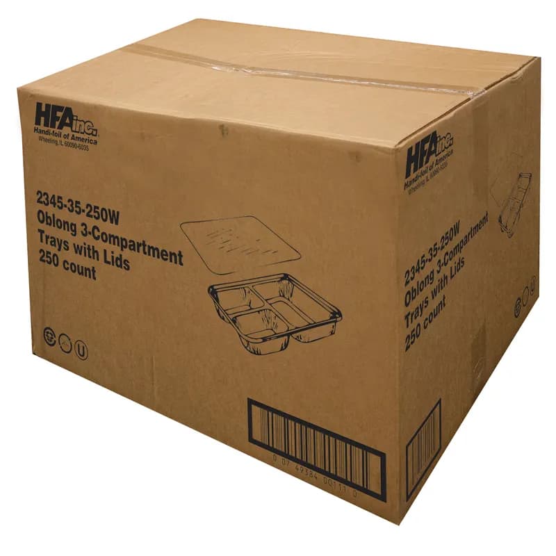 Take-Out Container Base & Lid Combo With Flat Lid Large (LG) 32.5 OZ 3 Compartment Aluminum Paper Silver White Oblong 250/Case