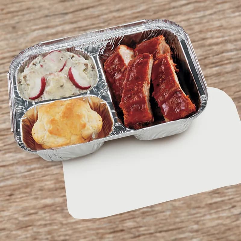 Take-Out Container Base & Lid Combo With Flat Lid Large (LG) 32.5 OZ 3 Compartment Aluminum Paper Silver White Oblong 250/Case