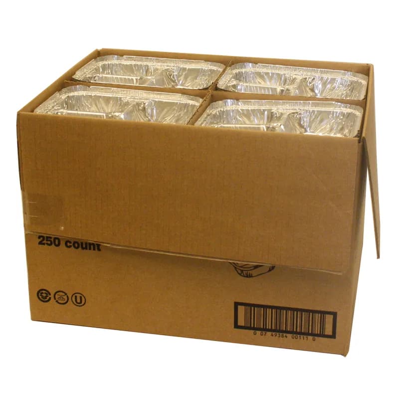 Take-Out Container Base & Lid Combo With Flat Lid Large (LG) 32.5 OZ 3 Compartment Aluminum Paper Silver White Oblong 250/Case