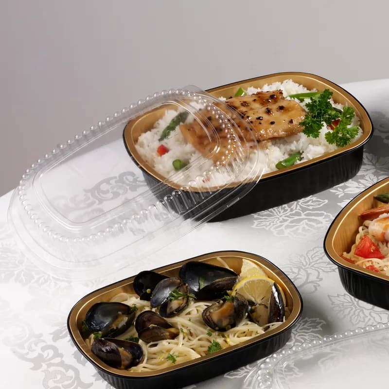 Gourmet-To-Go® Take-Out Container Base & Lid Combo Small (SM) 16 OZ Black Gold Oblong 100/Case