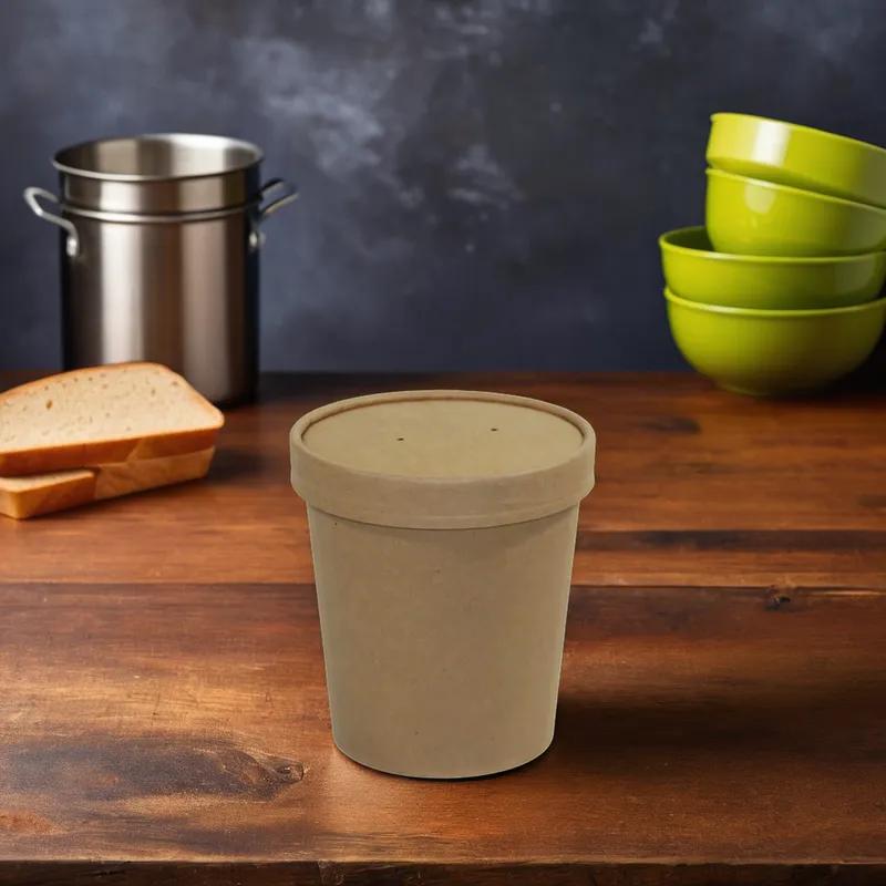 Soup Food Container Base & Lid Combo With Flat Lid 16 OZ Paper Kraft Round 250/Case