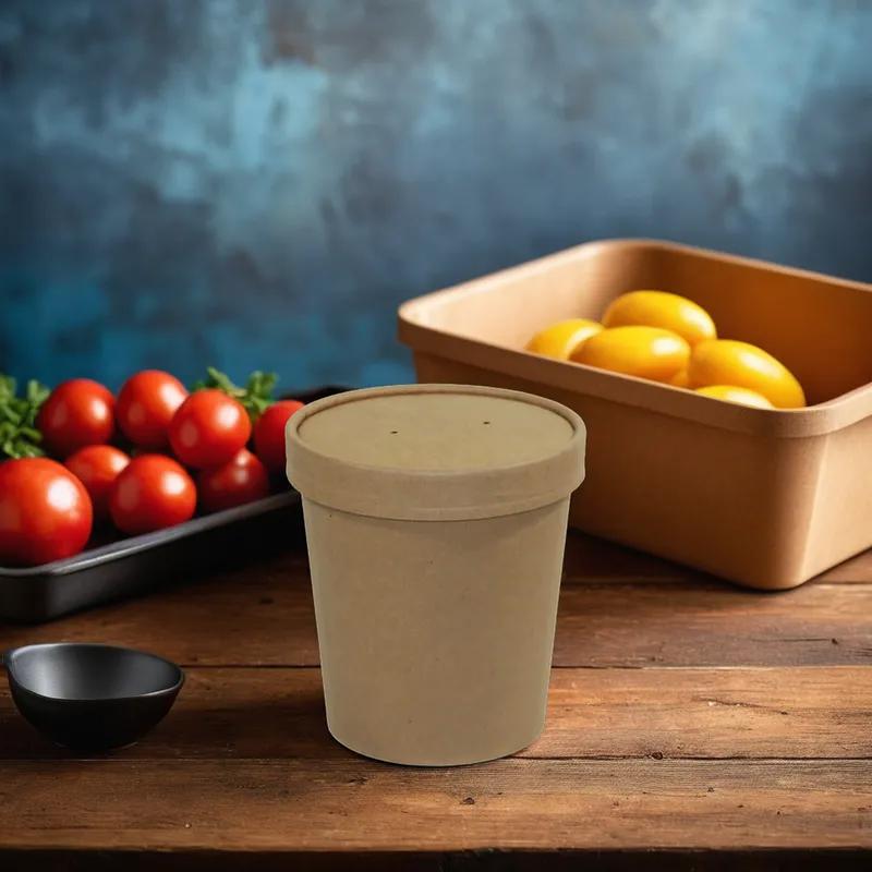 Soup Food Container Base & Lid Combo With Flat Lid 16 OZ Paper Kraft Round 250/Case