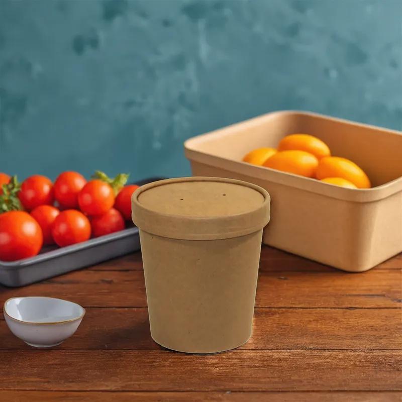 Soup Food Container Base & Lid Combo With Flat Lid 16 OZ Paper Kraft Round 250/Case